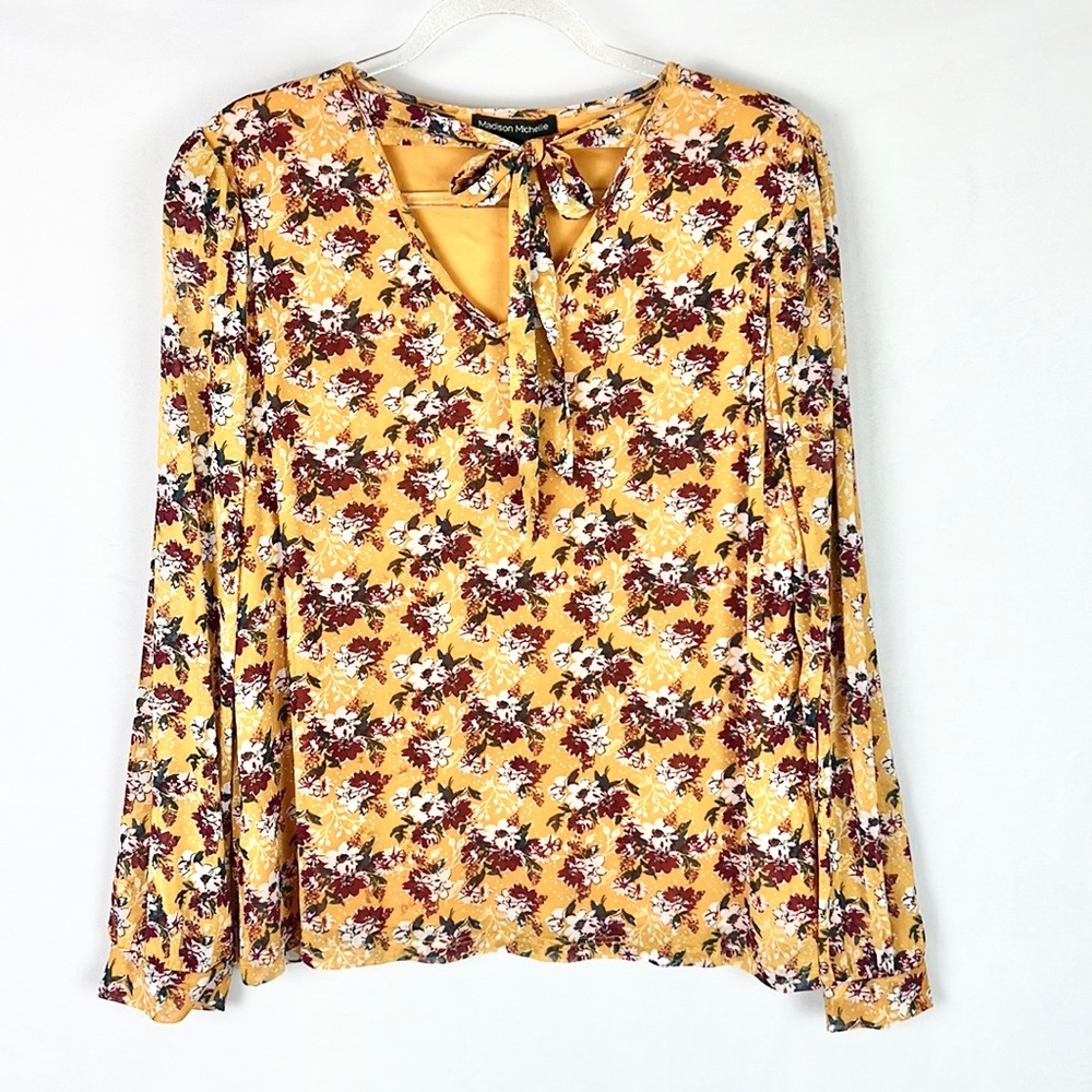 MADISON MICHELLE |💛💐Chrome Yellow Fuchsia Floral Print Tied Neck Blouse ✨NWT!✨